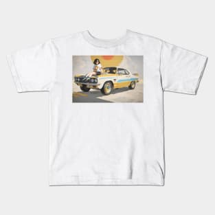 Vintage girl and retro yellow car Kids T-Shirt